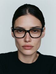 Fototapeta premium 黒縁の眼鏡をかけた女性のアップ。シンプルな背景でメガネファッションやビューティーイメージに最適なポートレート