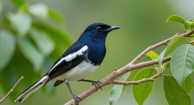Striking oriental magpie robin perched on a leafy branch in soft natural light