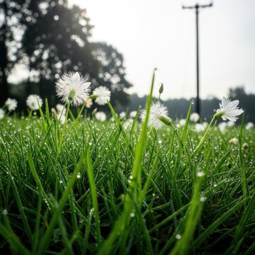 Dewdrops sparkle on vibrant green grass and delicate white wildflowers in the morning sun