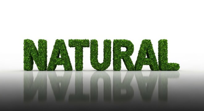 The word natural rendered in lush green grass against a clean white background