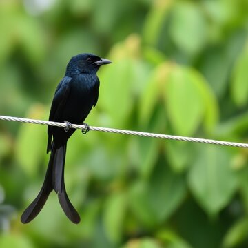 A striking black drongo bird with long forked tail perched on a wire against a blurred green background