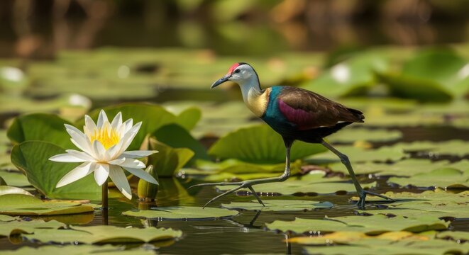 A bronze winged jacana walks gracefully across lily pads next to a blooming white water lily
