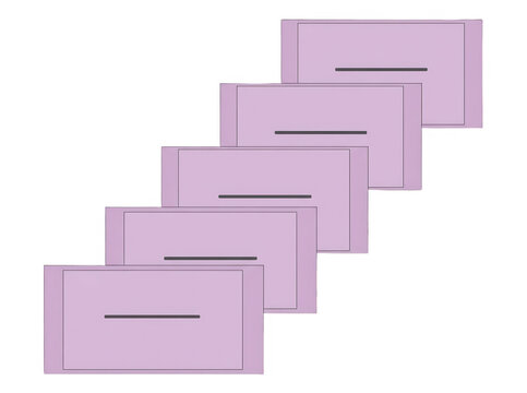 Una serie di cinque bustine rettangolari di colore lilla disposte in diagonale su uno sfondo bianco pulito, rappresentanti un concetto di confezionamento minimalista per prodotti cosmetici o igienici.
