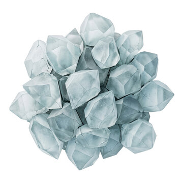 Un grappolo di cristalli di quarzo blu traslucidi disposti in una forma sferica compatta, isolati su uno sfondo bianco puro, che mostrano sfaccettature geometriche naturali e una texture cristallina.