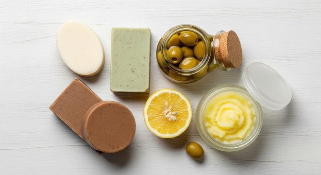 Natural handmade soaps and skincare ingredients arranged on a white wooden surface