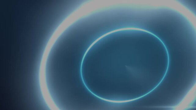 A giant off-center ice-white energy ring fills the frame as a traveling signal tear shears it into teal chromatic ghosts, ice packets race the tube, and a thinner teal orbit runs inside in a seamless 