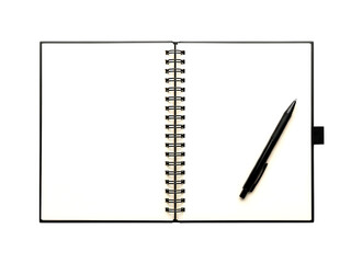 Open spiral notebook with black pen isolated on transparent background © Kolpona