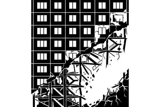 Illustrazione vettoriale in bianco e nero di un edificio residenziale distrutto da un crollo strutturale, con macerie e travi esposte che simboleggiano disastri naturali, guerra o degrado urbano.