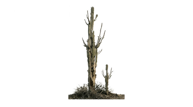Due cactus saguaro alti e ramificati isolati su sfondo bianco, piante succulente del deserto con texture dettagliata della corteccia e spine, ideali per composizioni grafiche e design naturalistico.