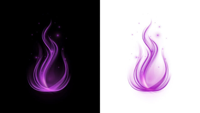 Purple magical flame shape with glowing particles on black and white backgrounds