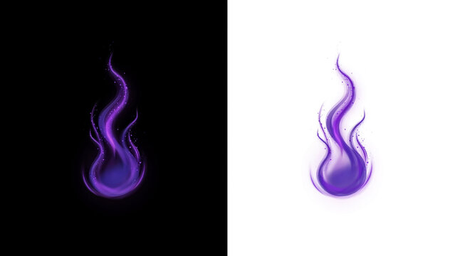 Purple magical flame shape with glowing particles on black and white backgrounds