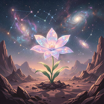 A single, delicate flower blooms in the harsh, jagged terrain of a distant planet.