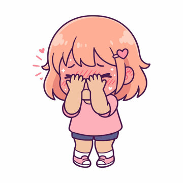 Extremely embarrassed anime girl character covering face heavily blushing vector illustration. 