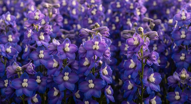 Beautiful purple delphinium flowers blooming in a lush summer garden under soft natural sunlight