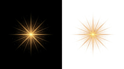 Fototapeta premium Radiant golden starburst with sharp light rays and glowing dust on split background