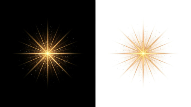 Radiant golden starburst with sharp light rays and glowing dust on split background