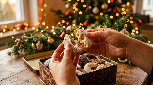 A person enjoying a festive Christmas cookie in a cozy holiday setting