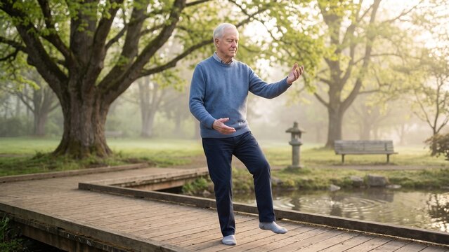 AI generated senior man practicing Tai Chi balance exercise on wooden deck in peaceful morning park.