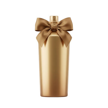 Frasco de perfume dorado de lujo con un elegante lazo de seda atado al cuello, dise&ntilde;o minimalista y sofisticado sobre un fondo blanco puro, ideal para campa&ntilde;as publicitarias de belleza y cosm&eacute;ticos