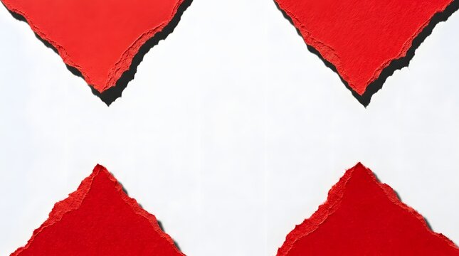 Corner pieces of red paper frame a central white space with torn diagonal edges.