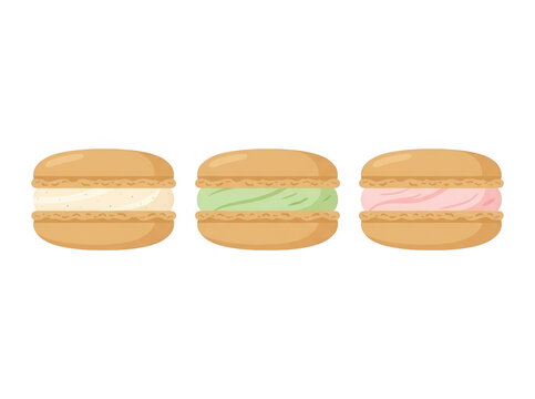Ilustraci&oacute;n vectorial plana de tres coloridos macarons franceses con rellenos de crema de vainilla, pistacho y fresa, dispuestos horizontalmente sobre un fondo blanco limpio para dise&ntilde;o de reposter&iacute;a.