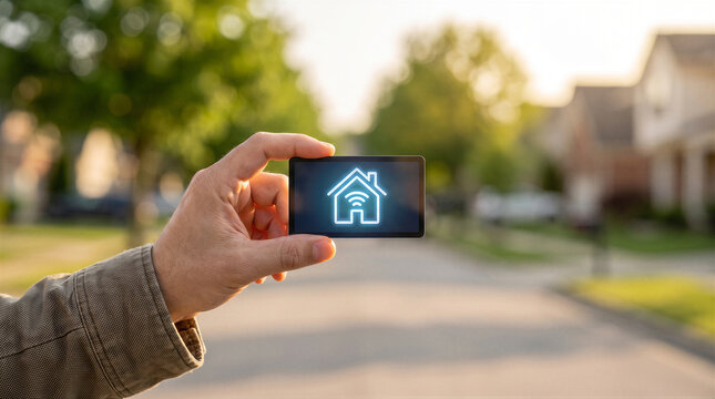 Hand holding a small digital screen displaying a smart home icon with a wifi symbol in a suburban neighborhood setting