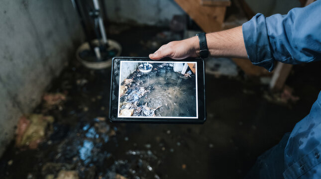 A technician holds a tablet displaying a photo of a flooded basement floor with standing water and debris in a residential home