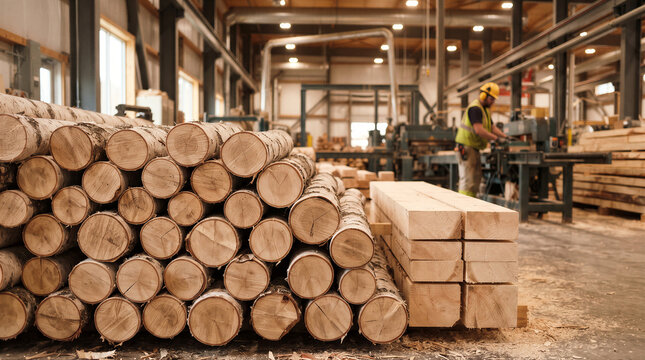 Logs and lumber stacked in a sawmill with a worker operating machinery in the background