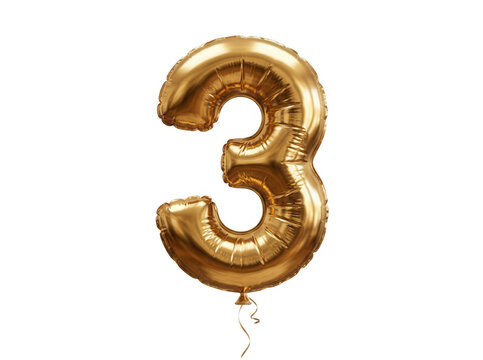 Globo de papel de aluminio en forma de n&uacute;mero tres de color dorado brillante aislado sobre un fondo blanco puro, perfecto para celebraciones de cumplea&ntilde;os, aniversarios o eventos festivos especiales.
