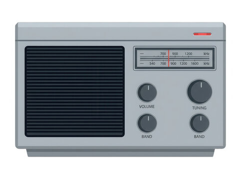Ilustraci&oacute;n vectorial plana de una radio antigua de estilo retro con dial anal&oacute;gico, perillas de control de volumen y sintonizaci&oacute;n, altavoz de rejilla negra y dise&ntilde;o minimalista sobre fondo blanco.
