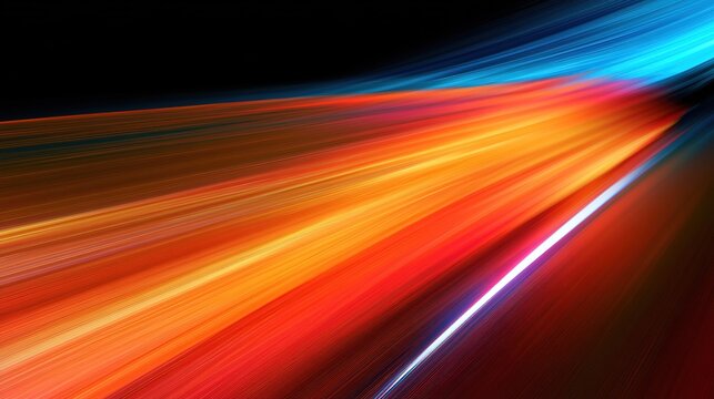 Abstract high‑speed light trails moving diagonally from bottom left to top right on black background, with cyan blue, orange yellow red, and purple‑tinted white streaks