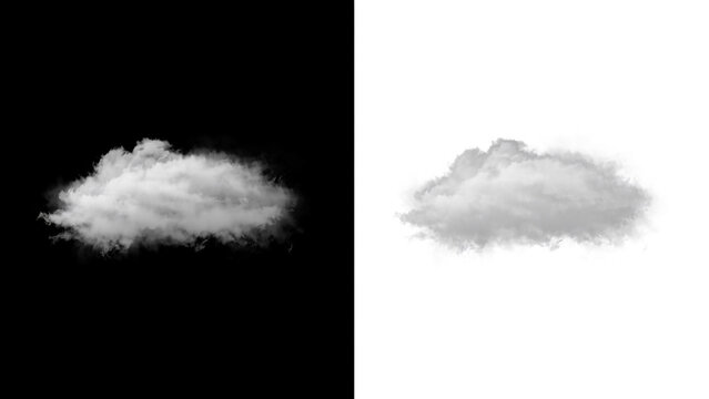 Single fluffy white cumulus cloud isolated on a white background, and black background