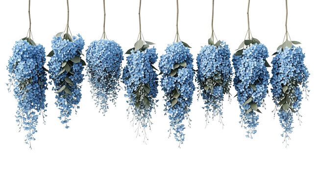Una hilera de ocho ramos de flores de hortensia azul colgando verticalmente sobre un fondo blanco puro, creando un dise&ntilde;o floral elegante y sim&eacute;trico ideal para decoraciones de bodas o eventos