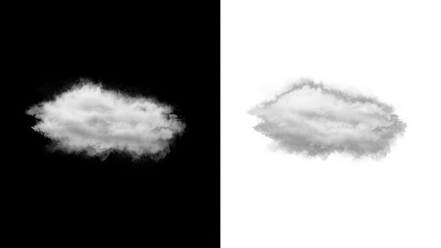 Single fluffy white cumulus cloud isolated on a white background, and black background