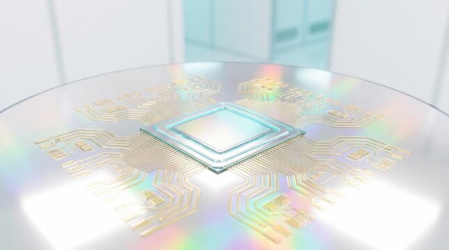 Futuristic quantum computer processor chip with glowing golden traces in a bright laboratory setting.