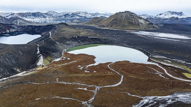 Volcanic landscape, crater lakes and wild river landscape, near Landmannalaugar, Fjallabak Nature Reserve, Sudurland, Iceland