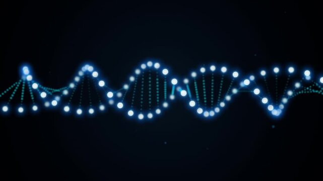 Glowing blue DNA double helix rotating horizontally on dark background