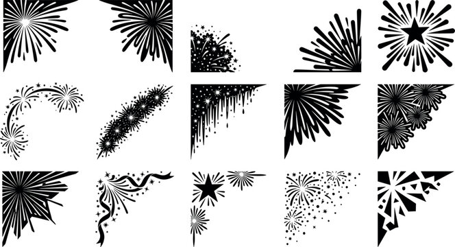 Festive fireworks corner borders and frame elements silhouette collection set for celebratory invitation card layout vector design