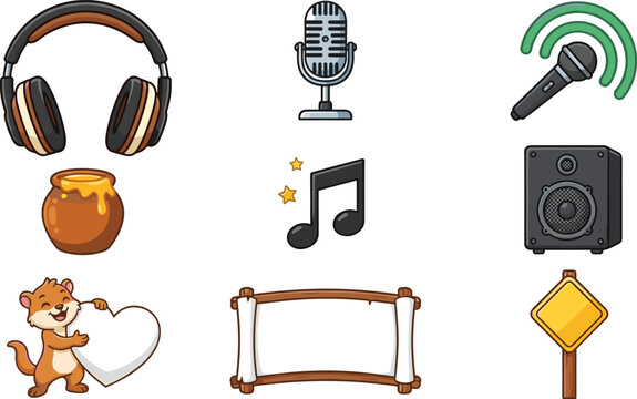 Cute Podcast Audio and Music Recording Vector Icon Set Featuring Headphones Microphones Speaker Honey Pot Scroll Banner and Squirrel Character for Studio Designs