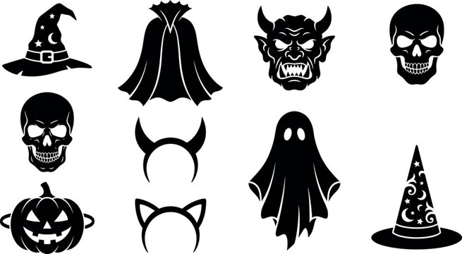 Halloween costume elements set with black silhouette witch hat vampire cape devil mask skull pumpkin headbands and spooky ghost graphics.
