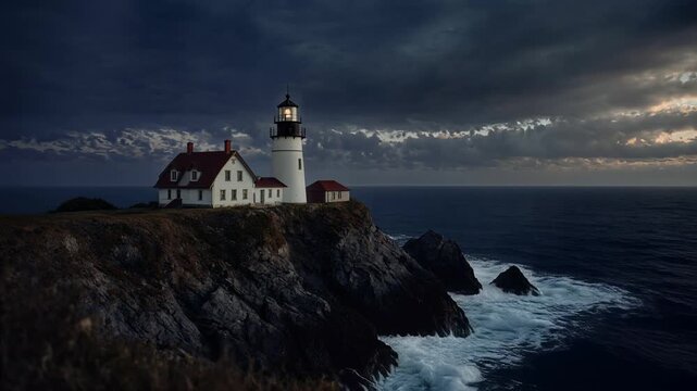 Historic lighthouse standing on a dramatic rocky ocean cliff at sunset