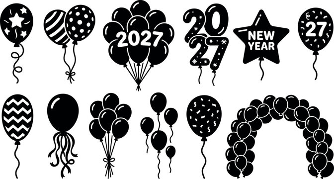 Happy New Year 2027 balloon silhouette vectors collection with festive bunches number balloons and arch isolated on white