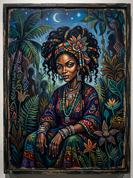 regal Black woman adorned in a vibrant floral headwrap and patterned attire against a mystical tropical night