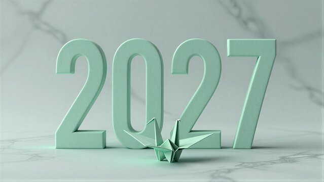 Light green three-dimensional numbers forming the year 2027