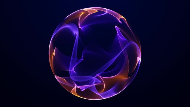 Bright glowing rotating particle 3d sphere Universe. Abstract technology, science, engineering and artificial intelligence background. Animated Purple orange glass sphere plasma. 4k loop.