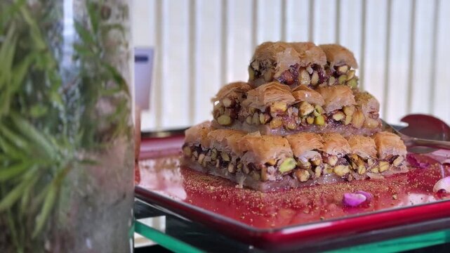 Close-up static shot of a stacked pistachio baklava dessert resting on a red serving tray at an indoor restaurant buffet. The traditional Middle Eastern pastry sits near a glass vase with greenery.