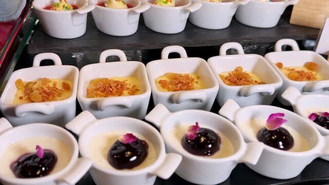Close-up of miniature creamy pudding desserts in small white bowls on a catering display. The sweet treats feature fruity glaze toppings and edible petals at an indoor restaurant buffet.
