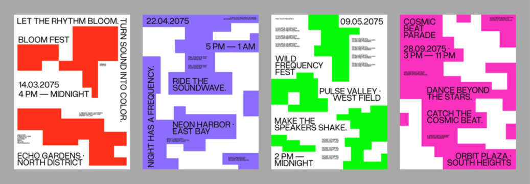 Pixel vibrant poster set design. Blocky 8-bit retro digital shape. Bold monospace typography grey background. Nostalgic techy graphic layout template bundle