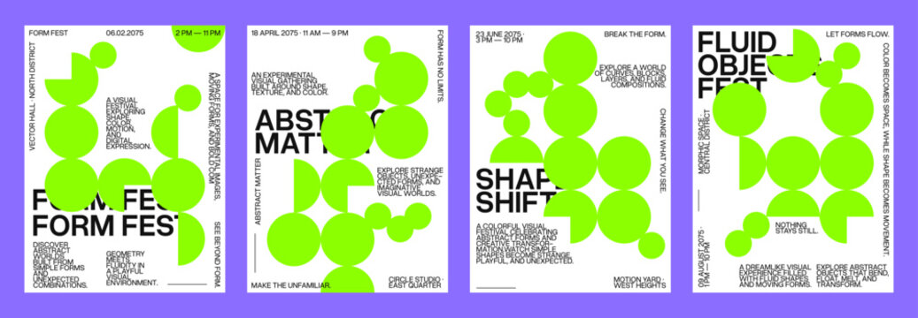 Minimal geometric vibrant poster set design. Lime green circle bubble cluster. Clean modern typography white background. Fresh playful graphic layout template bundle.