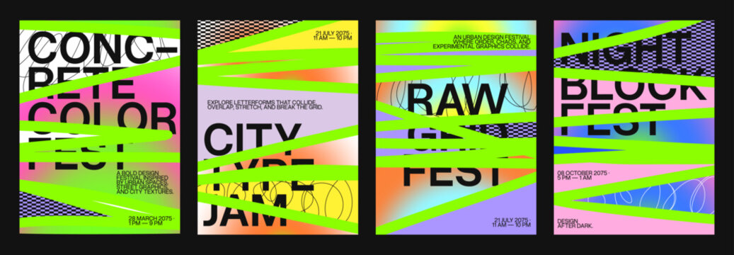 Acid vibrant poster set design. Neon green diagonal stripe layout. High contrast rave techno graphic. Intense underground music event flyer. Experimental maximalist poster bundle
